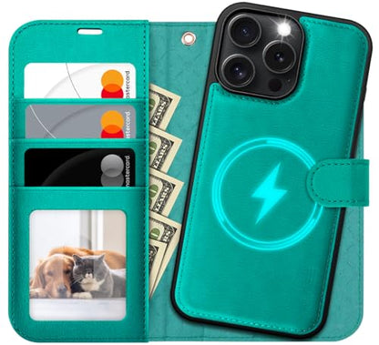 OCASE for iPhone 16 Pro Case Detachable Wallet Case with Card Holder, 2 in 1 Pu Leather Flip Folio with RFID Blocking Stand Wrist Strap Shockproof Phone Cover 6.3 Inch 2024, Blue Green | Removable magnetic case, with hand strap, wireless charging, card sl