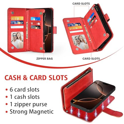 Asuwish Phone Case for iPhone 16 Pro 6.3 inch Zipper Wallet Magnetic Detachable Cell Cover with Tempered Glass Screen Protector Crossbody Lanyard Strap Flower Card Holder i Phone16 i16 16Pro Women Red - color: Red