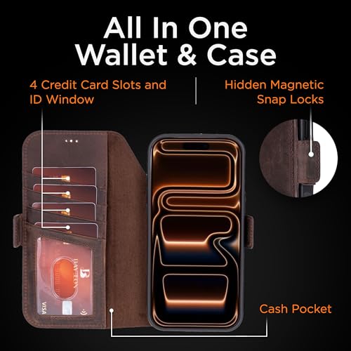 Bayelon Leather Folio Case for iPhone 17 Pro 6.3", Flip Cover Card Holder, Genuine Leather Case, Folio Wallet Case, MagSafe Compatible Shockproof Flip Cover, Rfid Blocking - Dark Brown - color: Dark Brown, size: iPhone 17 Pro