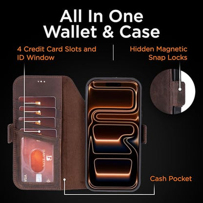 Bayelon Leather Folio Case for iPhone 17 Pro 6.3", Flip Cover Card Holder, Genuine Leather Case, Folio Wallet Case, MagSafe Compatible Shockproof Flip Cover, Rfid Blocking - Dark Brown - color: Dark Brown, size: iPhone 17 Pro