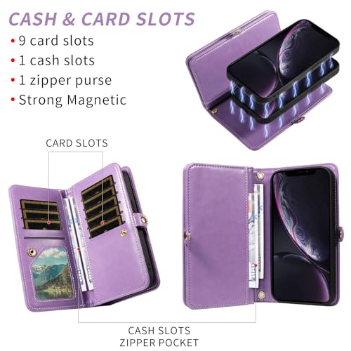 Asuwish Phone Case for iPhone XR 6.1 Zipper Wallet Cell Cover with Tempered Glass Screen Protector Strap Flower Credit Card Holder iPhoneXR iPhone10R i Phonex 10XR 10R RX CR iPhoneXRcases Women Purple - color: Purple