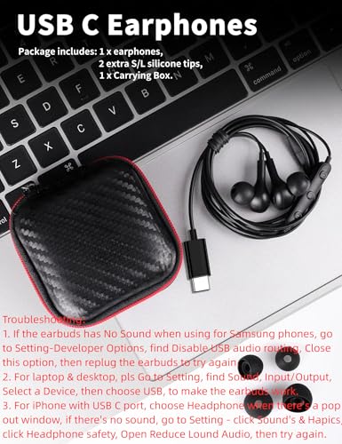USB C Headphone for Samsung S26 S25 FE S24 A16 A17 Z Wired Earbuds Magnetic - color: Black