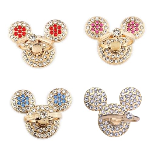 4 Pack Crystal Anime Finger Ring Holder Sparkly Rhinestone Mouse Phone Ring Grips, 360℃ Rotatable Self-Adhesive Decal Stickers Premium Gold Cell Phone Grip Adorable Bear Finger Ring Holder