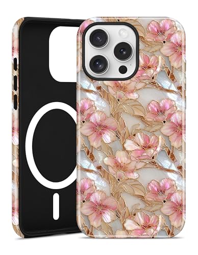 Magnetic Flower Phone Case for iPhone 15 Pro, Pink White | Compatible with MagSafe, Cute Stained Glass Peach Floral Aesthetic, TPU and PC Protective Phone Cover for Women Girls - color: Pink White Peach