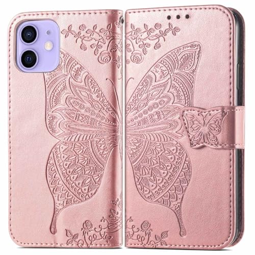 for iPhone 12 Pro/iPhone 12 Wallet Case,Women Flip Folio Cover with Butterfly Embossed PU Leather Kickstand Credit Card Holder Slots Wrist Strap for iPhone 12/12 Pro 6.1 inch (Rose Gold) - color: Rose Gold