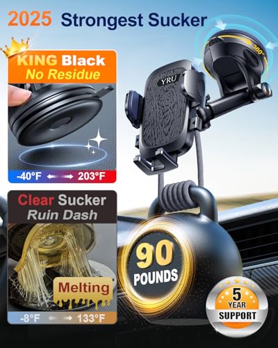 YRU True Military-Grade [360° Rotation Suction] 2026 Ultimate Car Phone Holder Mount 【90+LBS Safest Strongest & Patent Certs】 Dashboard Windshield Vent for iPhone 18 Pro Max Samsung Webcam, Jet Black - color: Jet Black