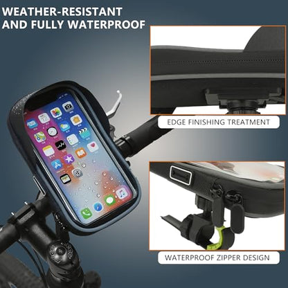 Bike Phone Mount with 360° Rotation, Waterproof Bicycle Phone Holder Bag with Touchscreen & Sun Visor, Handlebar Phone Mount Fits Up to 7" Phones for Cycling