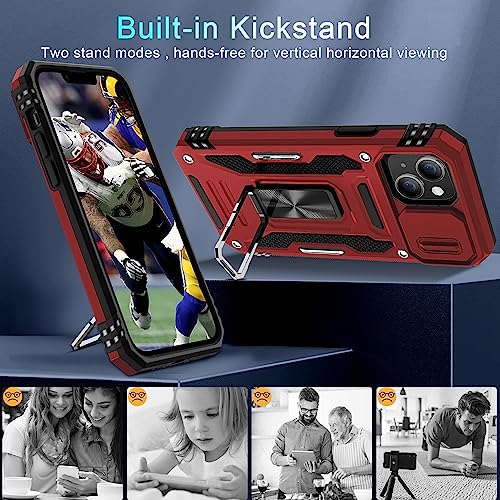 DEERLAMN Case for iPhone 13/iPhone 14 6.1-Inch with Slide Camera Cover+Screen Protector(2 Packs),Rotated Ring Kickstand Military Grade Shockproof Protective Cover-Red - color: Red