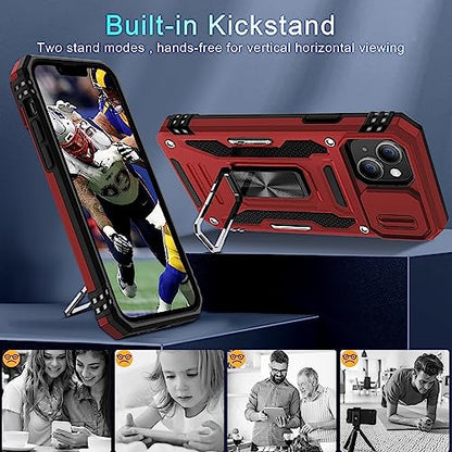 DEERLAMN Case for iPhone 13/iPhone 14 6.1-Inch with Slide Camera Cover+Screen Protector(2 Packs),Rotated Ring Kickstand Military Grade Shockproof Protective Cover-Red - color: Red