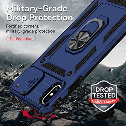 for iPhone XS Max Case with Camera Lens Cover HD Screen Protector, Dual Layer Military Grade Drop Protection Magnetic Ring Holder Kickstand Protective Phone Case for iPhone XS Max 6.5 inch (Navy Blue) - color: Navy Blue with camera cover Military-Grade 2n