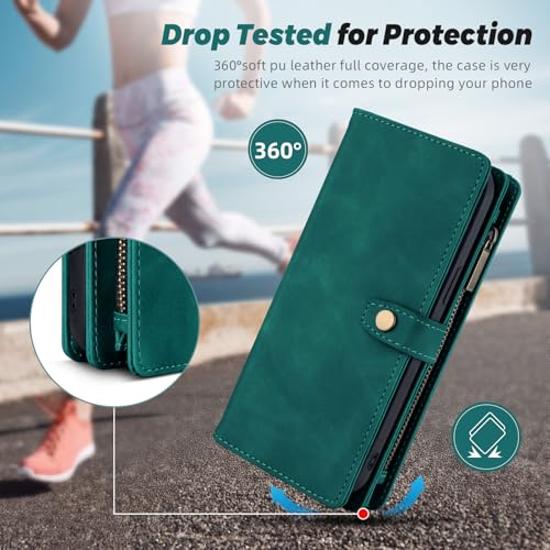 TwoHead for iPhone 11 Wallet case with 11 Card Holder (Green) | Detachable Magnetic Phone Case, PU Leather Wallet for Women/Men,Wireless Charging Compatible,with Wrist Strap - color: Green