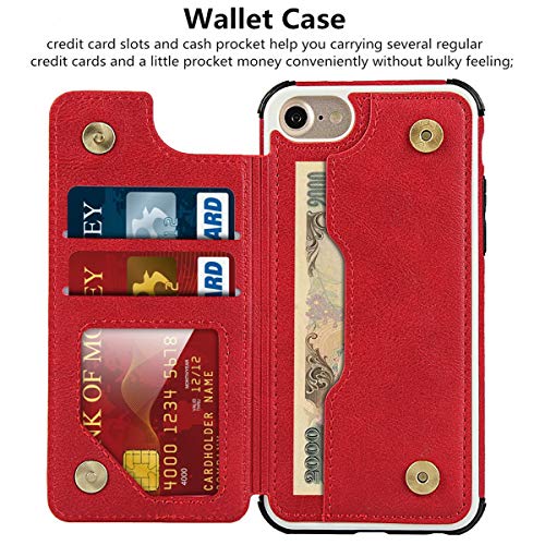 iCoverCase Compatible with iPhone SE(2022)/SE(2020)/7/8/6/6s Wallet Case with Card Slots Holder and Wrist Strap Premium PU Leather Kickstand Magnetic Clasp Shockproof Flip Cover Case (Red) - color: Red