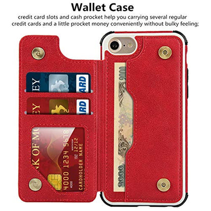 iCoverCase Compatible with iPhone SE(2022)/SE(2020)/7/8/6/6s Wallet Case with Card Slots Holder and Wrist Strap Premium PU Leather Kickstand Magnetic Clasp Shockproof Flip Cover Case (Red) - color: Red