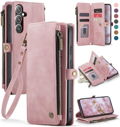 Defencase for Samsung Galaxy S24 Wallet Case with RFID Card Holder, Pink | Durable Soft PU Leather, with Zipper Pocket, Wrist Strap, Fashion Snap Flip S24 Phone Cases Cover with Stand for Women Men - color: Rose Pink