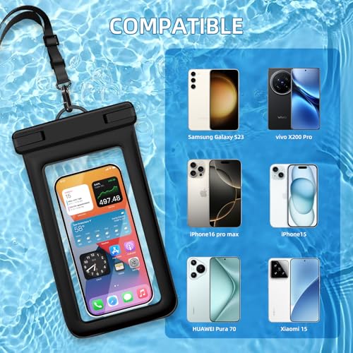 IPX8 Floating Waterproof Dry Bag 2-Pack, 7.2 Inch Waterproof Phone Pouch for iPhone 16/15/14 Pro Max Galaxy S24/S23 Adjustable Lanyard + wrist strap Beach Swimming Travel Essentials Black - color: Black