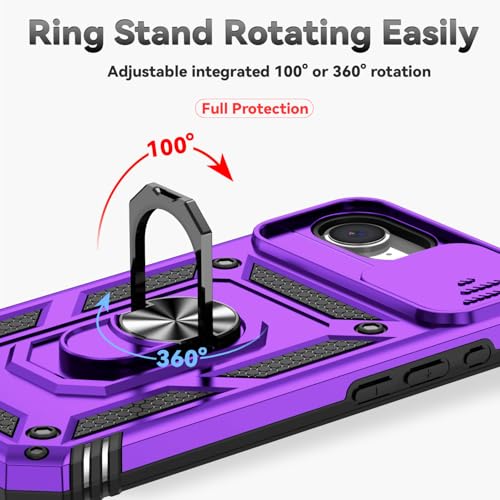for iPhone 17E / iPhone 16E Case, with Camera Lens Cover HD Screen Protector, Dual Layer Military-Grade Drop Tested Magnetic Ring Holder Kickstand Protective Phone Case for iPhone 16E / 17E (Purple) - color: Purple with camera cover Military-Grade 2nd gen