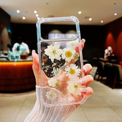 Compatible with iPhone 17 Pro Max Case Clear Cute Real Flowers | Handmade Natural Pressed Dried white Flower Gliter Soft TPU Slim Protective phone cover for iphone 17 Pro Max - color: White Flower, size: iphone 17 Pro Max