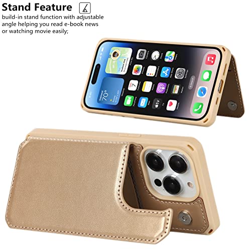 iCoverCase Compatible with iPhone 14 Pro Wallet Phone Case with Card Holder for Women, RFID Blocking Embossed PU Leather Wrist Strap Case 6.1 Inch (Macaron Gold) - color: P-Gold