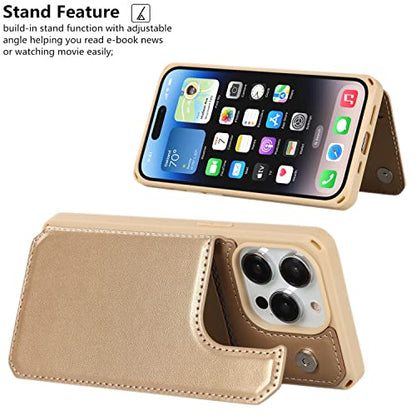 iCoverCase Compatible with iPhone 14 Pro Wallet Phone Case with Card Holder for Women, RFID Blocking Embossed PU Leather Wrist Strap Case 6.1 Inch (Macaron Gold) - color: P-Gold
