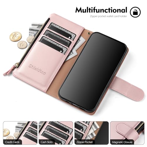 Shieldtop Compatible with Samsung Galaxy S23 5G Wallet Case with Card Holder,Women Men RFID Blocking PU Leather Flip Cover Wrist Strap Zipper Credit Card Slots,Phone Case for S23 5G 6.1",Rose Gold - color: Rose Gold, size: Galaxy S23 - 6.1"