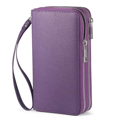 RFID Blocking Cellphone Wallet for Women with Wrist Strap, Double Zipper Travel Clutch Purse Large Capacity, Purple - color: Purple