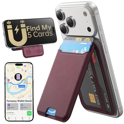 for MagSafe Wallet, Works with Apple Find My,5 Card Holder with Stand, Magnetic Phone Wallet Stand for iPhone 17/16/15/14/13/12 Pro Max Air Plus, RFID Blocking Vegan Leather,Wine Red - color: Findmy Red Wine