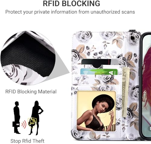 ULAK Compatible with iPhone 16 Pro Wallet Case Card Holder, Black Flower | [RFID Blocking] PU Leather Case with Kickstand Card Slots Wrist Strap, Durable Shockproof Protective Cover 6.3 Inch - color: Black, size: iPhone 16 Pro - 6.3 inch