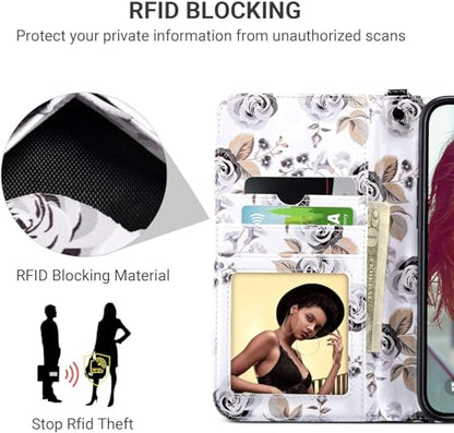 ULAK Compatible with iPhone 16 Pro Max Wallet Case Card Holder Black Flower | with Card Holder, [RFID Blocking] PU Leather Case Kickstand Card Slots Wrist Strap, Durable Shockproof Cover 6.9 Inch - color: Black, size: iPhone 16 Pro Max - 6.9 inch