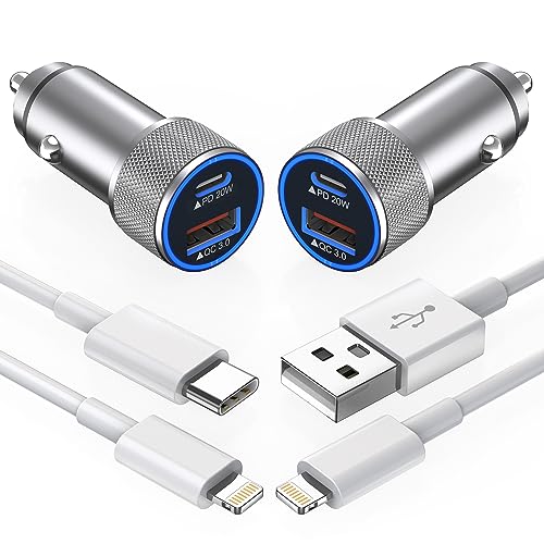 iPhone Car Charger,【2Pack】38W Dual Port USB C+QC3.0 [Apple MFi Certified] Fast Charging Cigarette Lighter iPhone Charger Car Adapter with【2 Pack】Lightning Cable for iPhone 14 13 Pro Max 12 11 X - Grey - color: Grey