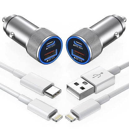iPhone Car Charger,【2Pack】38W Dual Port USB C+QC3.0 [Apple MFi Certified] Fast Charging Cigarette Lighter iPhone Charger Car Adapter with【2 Pack】Lightning Cable for iPhone 14 13 Pro Max 12 11 X - Grey - color: Grey