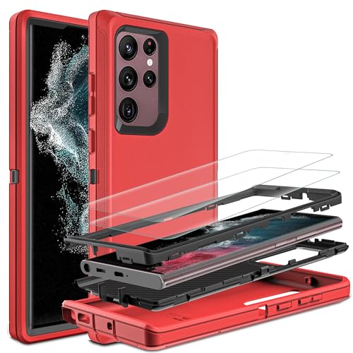for Samsung Galaxy S22 Ultra Case with Self Healing Flexible TPU Screen Protector [2 Pack], 3 in 1 Full Body Shockproof Heavy Duty Case for Samsung S22 Ultra 5G (Red/Black) - color: Red/Black