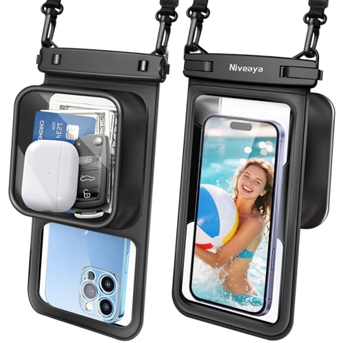 Niveaya [Floatable Floating Waterproof Phone Pouch 2 Pack-Up to 8.5", Large Space Adjustable Neck Lanyard Waterproof Phone Case, Phone Dry Bags for Vacation Beach Pool Kayak Cruise Travel Essentials - color: Black + Black