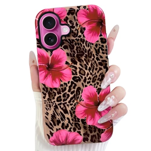 Lovmooful for iPhone 16 Case Cute Flower Leopard-Hibiscus | Compatible for iPhone 16 Case,Aesthetic,Hibiscus,Floral,2 in 1,for Women Girls,Soft TPU+PC,Shockproof,Protective - size: iPhone 16