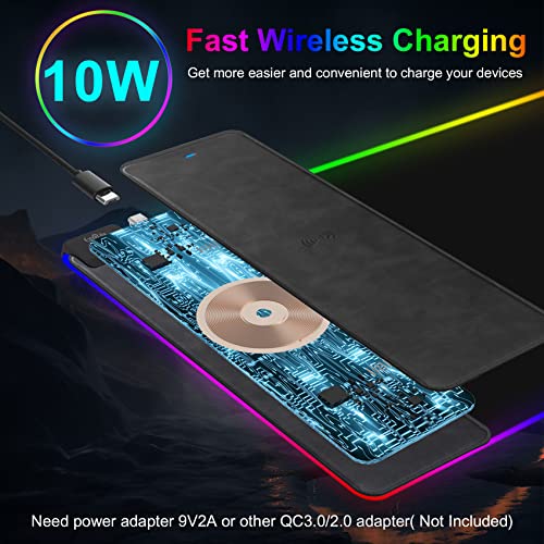 Wireless Charging RGB Gaming Mouse Pad, 31.5"x15.7" Large Desk Mat, Desk Pad with Wireless Charger, Non-Slip Rubber Base, Waterproof, Computer Keyboard Mat for Gamer, Office, Home, Black - color: Black