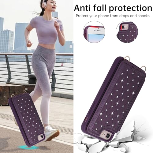 Crossbody Wallet Case for iPhone 7/8/SE 2020/SE 2022(4.7") with Detachable Strap - PU Leather Flip Folio with Card Slots & RFID Blocking, Sparkling Diamond Accents-Lavender - color: Lavender, size: iPhone 7/8/SE 2020/SE 2022(4.7")
