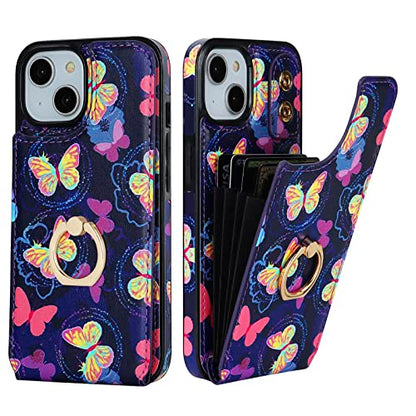 HAOPINSH for iPhone 13/ iPhone 14 Wallet Case with Card Holder, 360°Rotation Ring Kickstand, Pink Butterfly Pattern, RFID Blocking Leather for Girls Women, Double Buttons Flip Cover 6.1" - color: Pink Butterfly