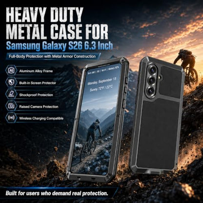 Metal Case for Samsung Galaxy S26 Case 6.3",Full Body Protective Cover Heavy Duty Shockproof [Tough Armour] Aluminum Alloy Case with Silicone Built-in Screen Protector - Black - color: Black