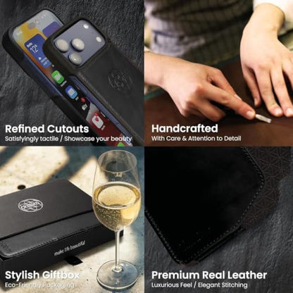 Dreem Real Leather Magnetic Detachable Wallet Case for iPhone 17 Pro | Revolutionary Vert/Hor Phone Stand, RFID Blocking Card Holder Flip Cover, MagSafe-Fit, Gift Box [Fibonacci: Black]
