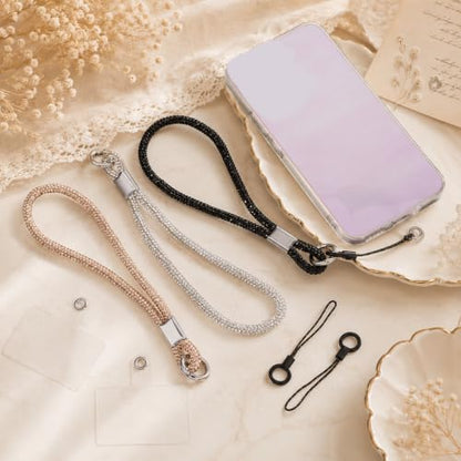 3 Pcs Rhinestone Cell Phone Wrist Strap, Bling Diamond Phone Wrist Lanyard with Tether Tab and Pad Glitter Keychain Wristlet for Women (Black Silver Champagne)