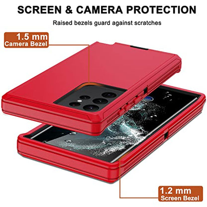 for Samsung Galaxy S22 Ultra Case with Belt Clip Holster, 2X Screen Protector, Military Grade Protection Heavy Duty Full Body Shockproof Rugged Protective Cover for Samsung S22 Ultra 5G Red - color: Red
