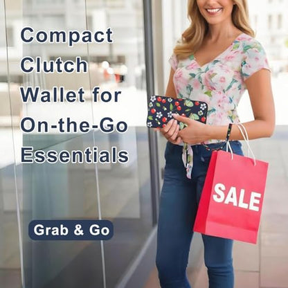 RFID Blocking Cellphone Wallet for Women with Wrist Strap, Double Zipper Travel Clutch Purse Large Capacity, Cherry - color: Cherry