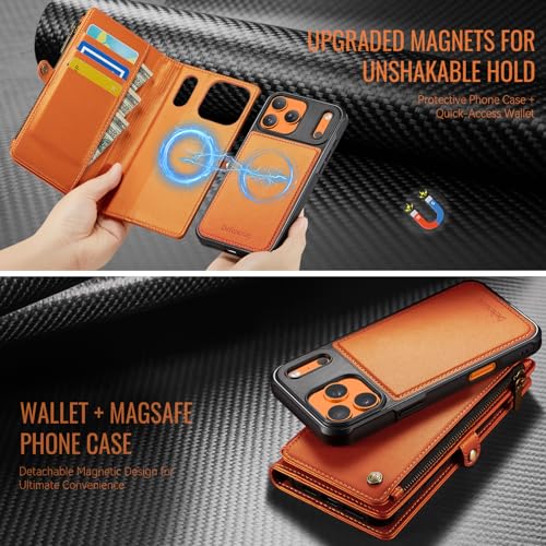 Defencase for iPhone 17 Pro Max Case Wallet Compatible with Magsafe, Orange | Drop-Proof Magnetic Detachable Phone Cases Cover, with RFID Bolcking Card Holder, Zipper Strap, PU Leather, Removable Wallet - color: (Detachable with Magsafe)-Orange