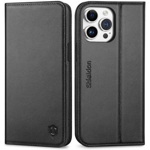 SHIELDON Genuine Leather Wallet Case for iPhone 15 Pro Max 6.7" 2023, Black | Magnetic Closure, RFID Blocking, Credit Card Holder, Kickstand, Folio Book Design, Soft Shockproof Phone Cover - color: Black