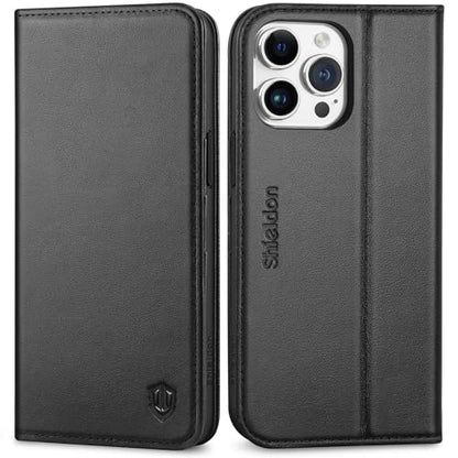 SHIELDON Genuine Leather Wallet Case for iPhone 15 Pro Max 6.7" 2023, Black | Magnetic Closure, RFID Blocking, Credit Card Holder, Kickstand, Folio Book Design, Soft Shockproof Phone Cover - color: Black