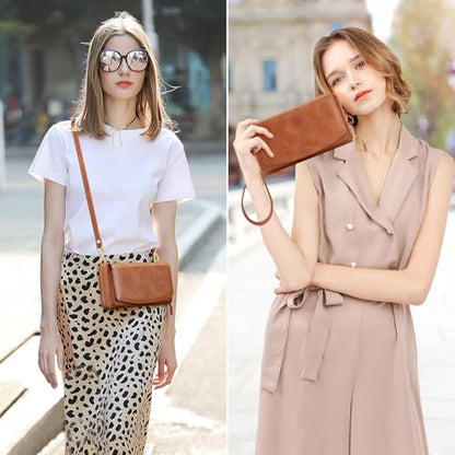 Peacocktion Womens Crossbody Wristlet Wallets with Cell Phone Pocket RFID Vegan Leather Cross Body Purses Travel - color: 02-brown