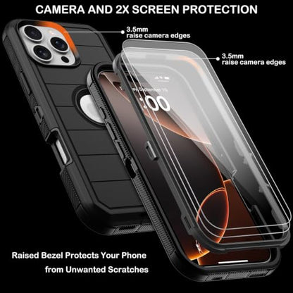 for iPhone 16 Pro Case with Belt Clip Holster,2X Screen Protectors,Heavy Duty Shockproof Drop Protection Military Grade 3 Layers Full Covered Rugged Durable Phone Cover with Kickstand 6.3“ (Black) - color: Black w Clip
