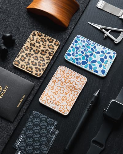 VULKIT Stick on Card Holder Compatible for iphone Leather Cell Phone Wallet Credit Card Case Strong Sticker for Women - color: Blue Bloom