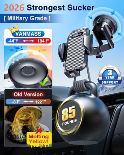 [True Military-Grade] Car Phone Holder VANMASS [Upgraded Strongest Suction&Clip] Cell Phone Mount for Dashboard Windshield Vent Kit, Truck Cradle Stand for iPhone 18 Pro Max 17 16 15 Android,Ink Black - color: Ink Black
