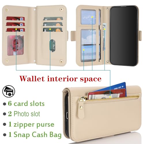 for iPhone 15 Pro Wallet Case for Women,for iPhone 15 Pro Case with Strap Crossbody Lanyard,PU Leather Shockproof Card Holder Stand Zipper Pocket Flip Phone Case-Beige - color: Beige
