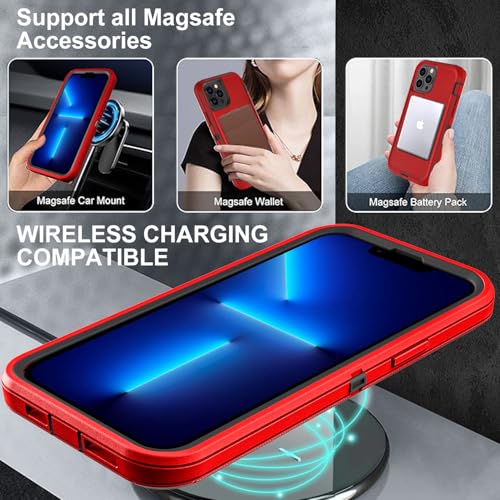 YKHJKLEC for iPhone 13 Pro Max Case, Compatible with Magsafe, Military Grade 3 in 1 Heavy Duty Shockproof/Drop Proof/Dust Proof Case with 2Pcs Tempered Glass Screen Protector (New-Red/Black) - color: New-Red/Black